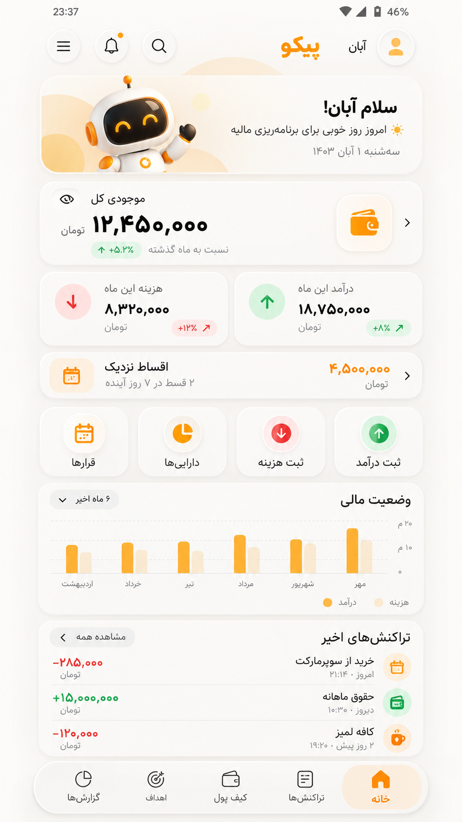 صفحهٔ اصلی پیکو با موجودی، هزینه و درآمد، اقساط و نمودار وضعیت مالی
